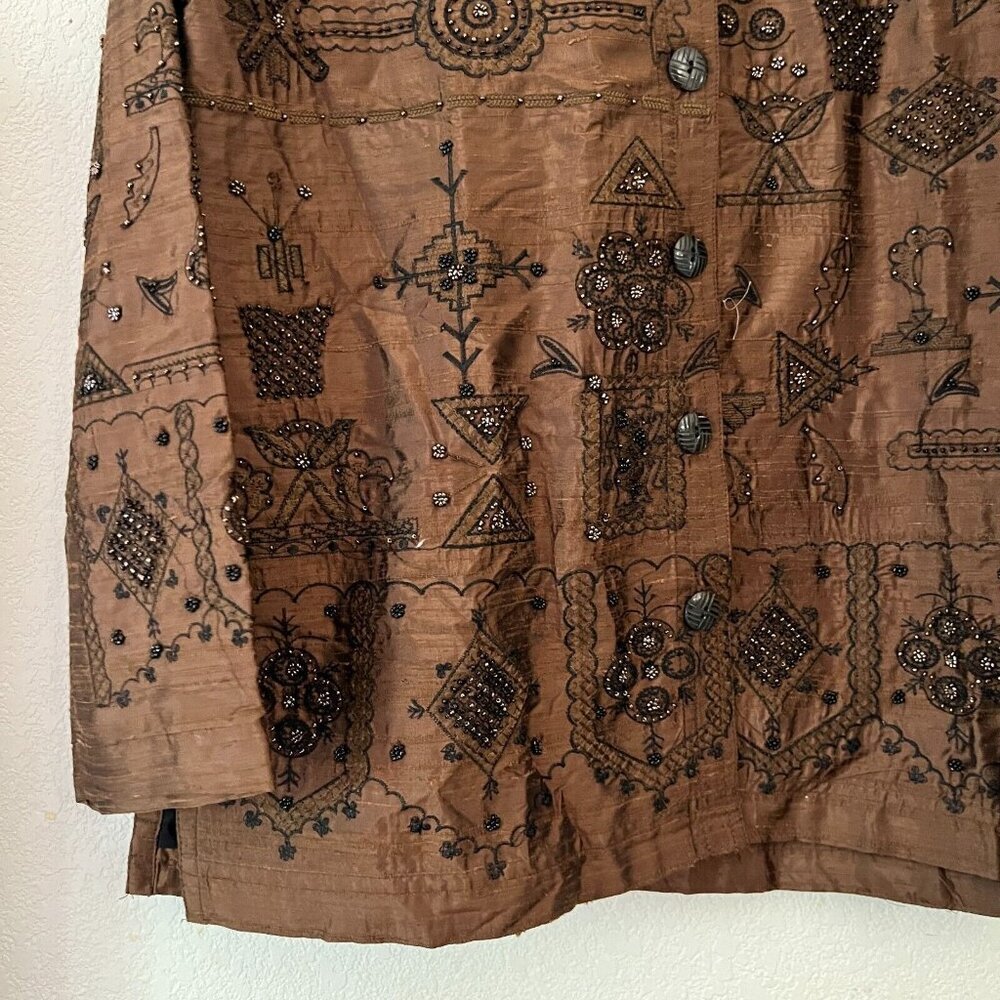 Chico's Design Womens Size 1 Silk Jacket Beaded Embroidered Bronze Shimmer Brown - Picture 3 of 8
